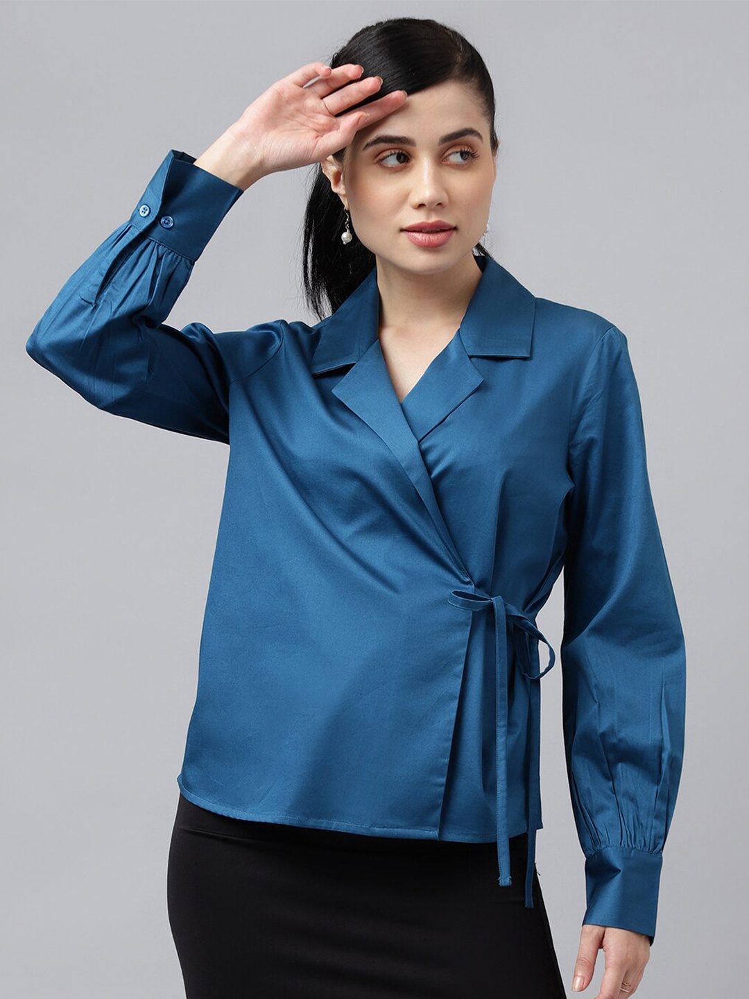

Hancock Tie Up Closure Pure Cotton Satin Formal Wrap Top, Turquoise blue