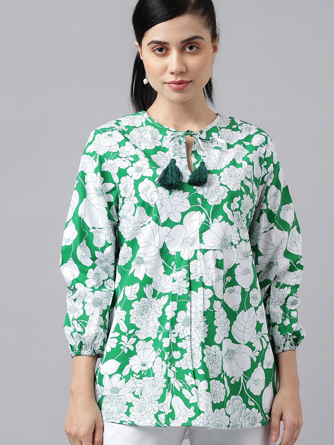 

Hancock Floral Print Tie-Up Neck Puff Sleeve Cotton Top, Green