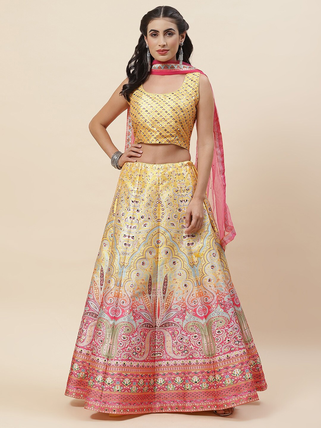 

Meena Bazaar Ethnic Motif Printed Mirror Work Ready to Wear Lehenga & Blouse With Dupatta, Yellow