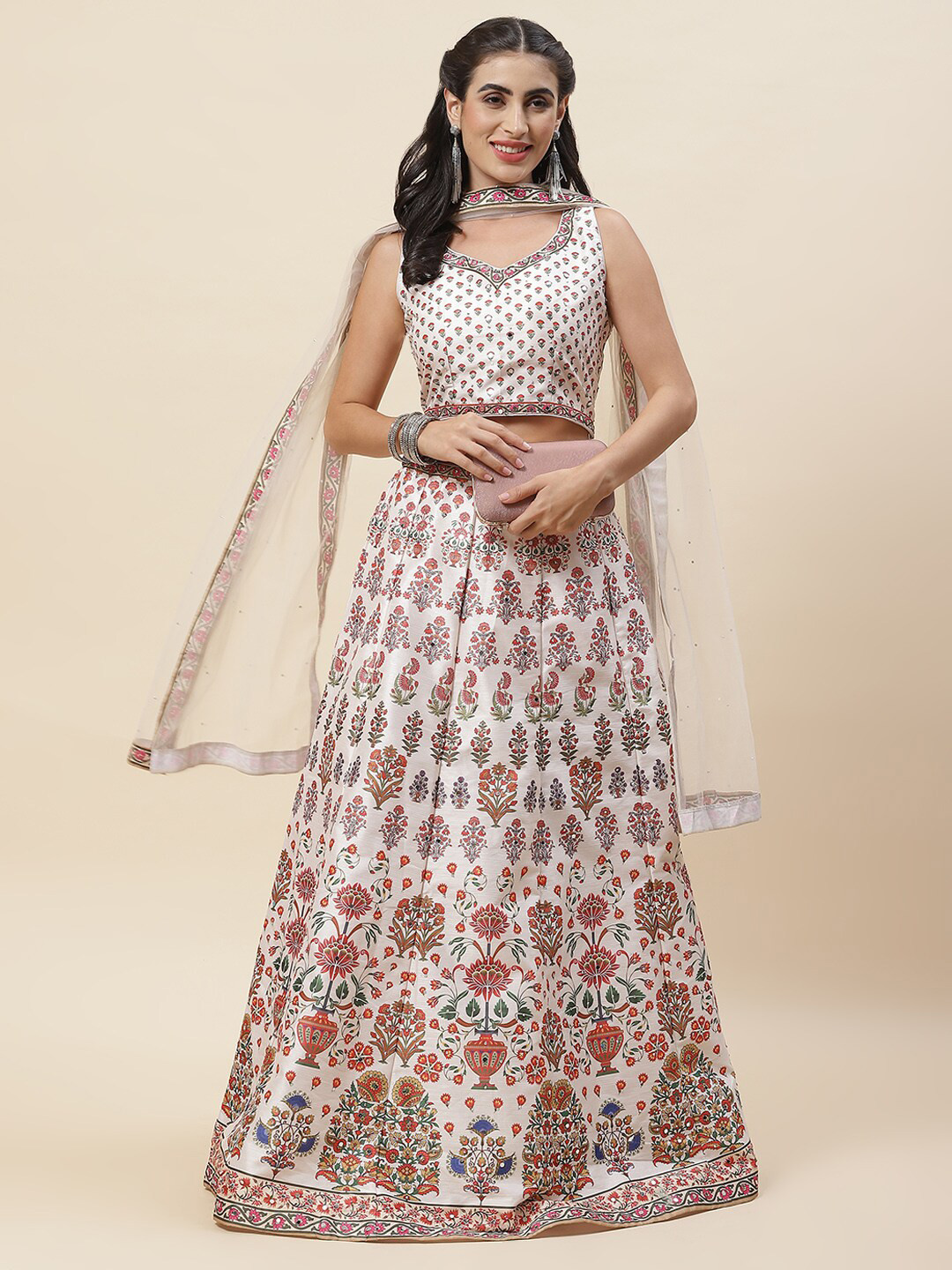 

Meena Bazaar Ethnic Motif Printed Mirror Work Ready to Wear Lehenga & Blouse With Dupatta, Cream