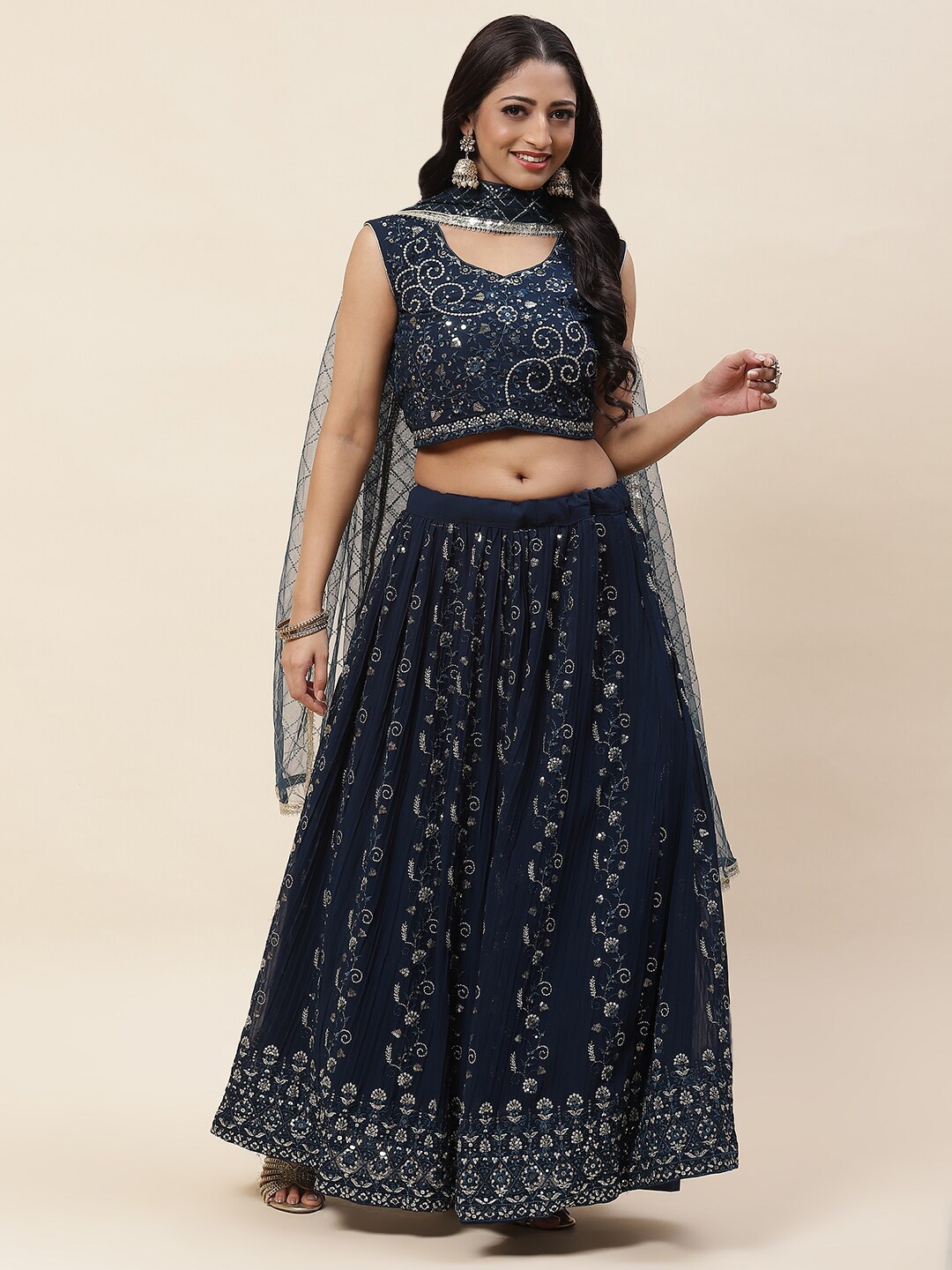 

Meena Bazaar Embroidered Sequinned Ready to Wear Lehenga & Blouse With Dupatta, Purple