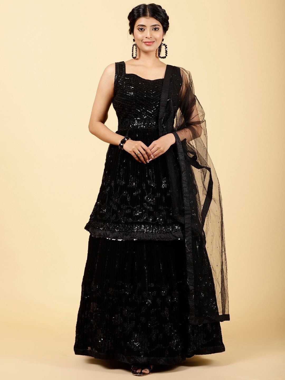 

Meena Bazaar Embellished Sequinned Ready to Wear Lehenga & Blouse With Dupatta, Black