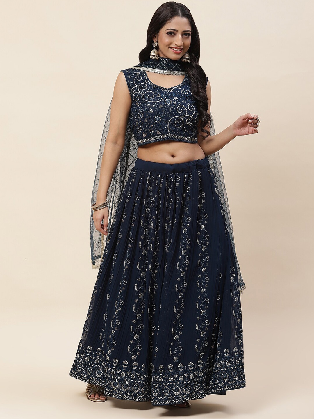 

Meena Bazaar Embroidered Sequinned Ready to Wear Lehenga & Blouse With Dupatta, Navy blue