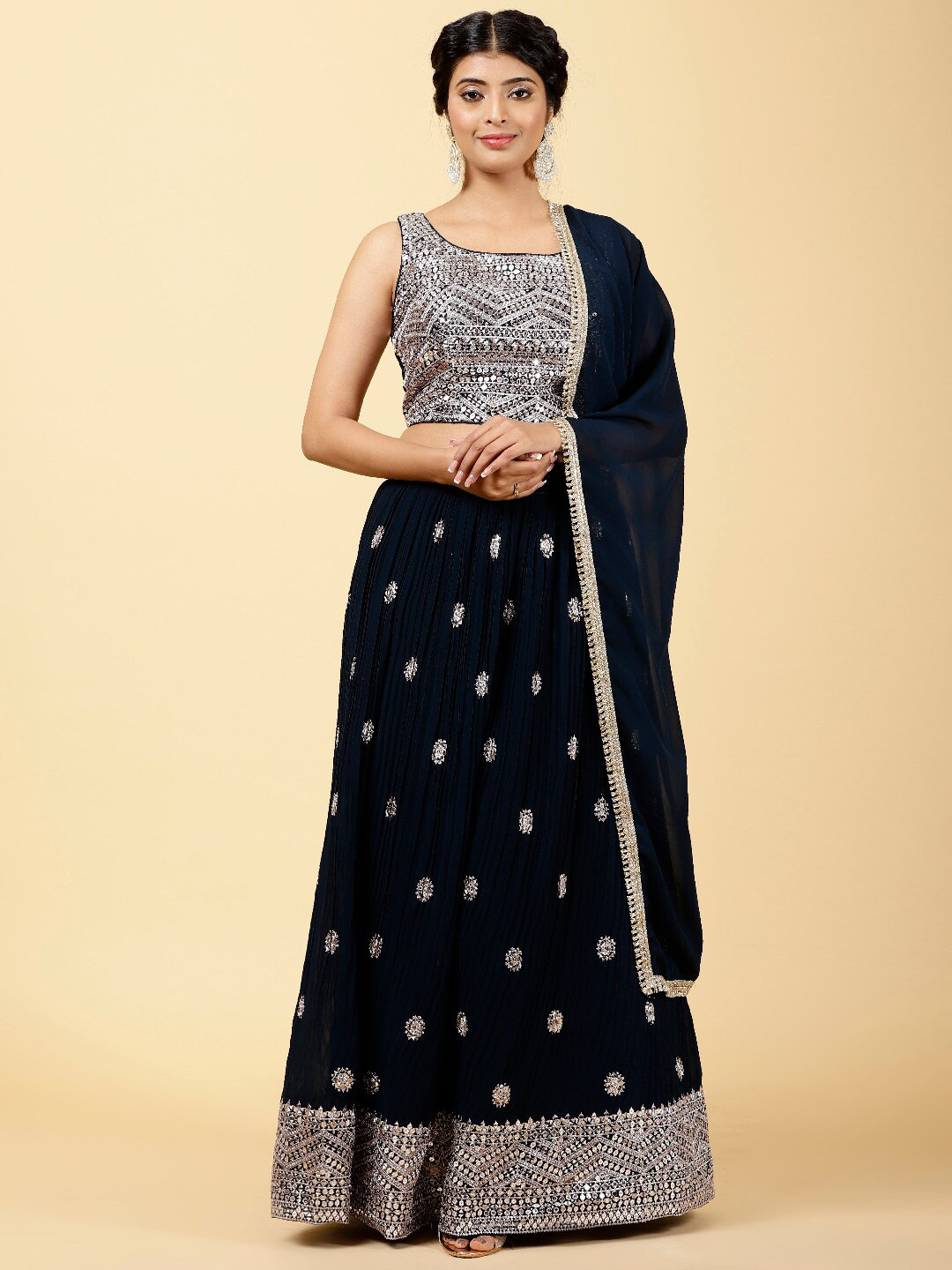 

Meena Bazaar Embroidered Embellished Ready to Wear Lehenga & Blouse With Dupatta, Navy blue
