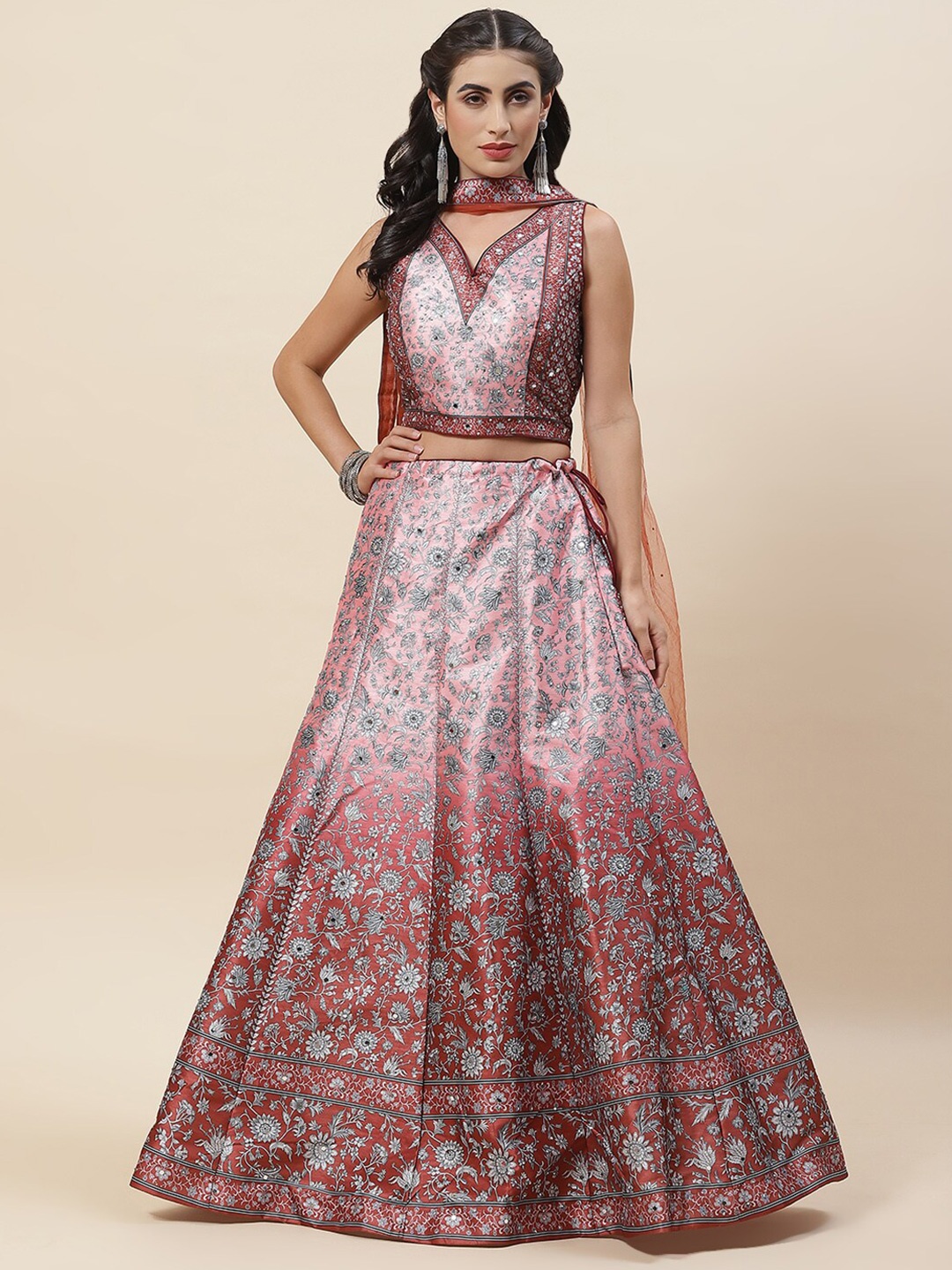 

Meena Bazaar Printed Mirror Work Ready to Wear Lehenga & Blouse With Dupatta, Grey