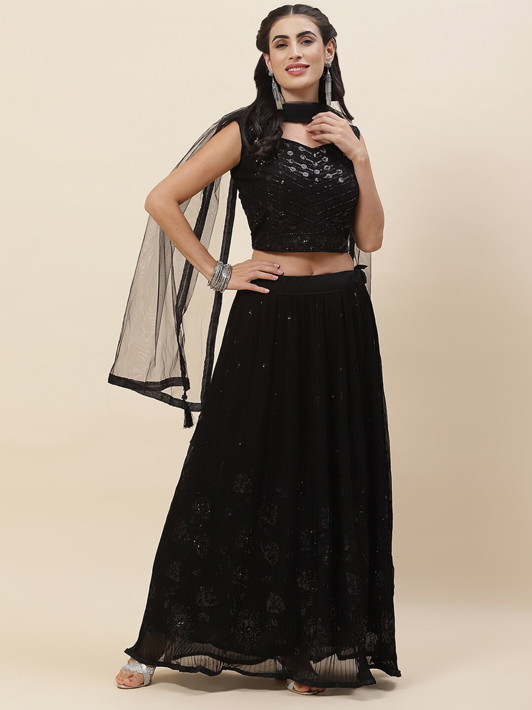 

Meena Bazaar Embellished Sequinned Ready to Wear Lehenga & Blouse With Dupatta, Black