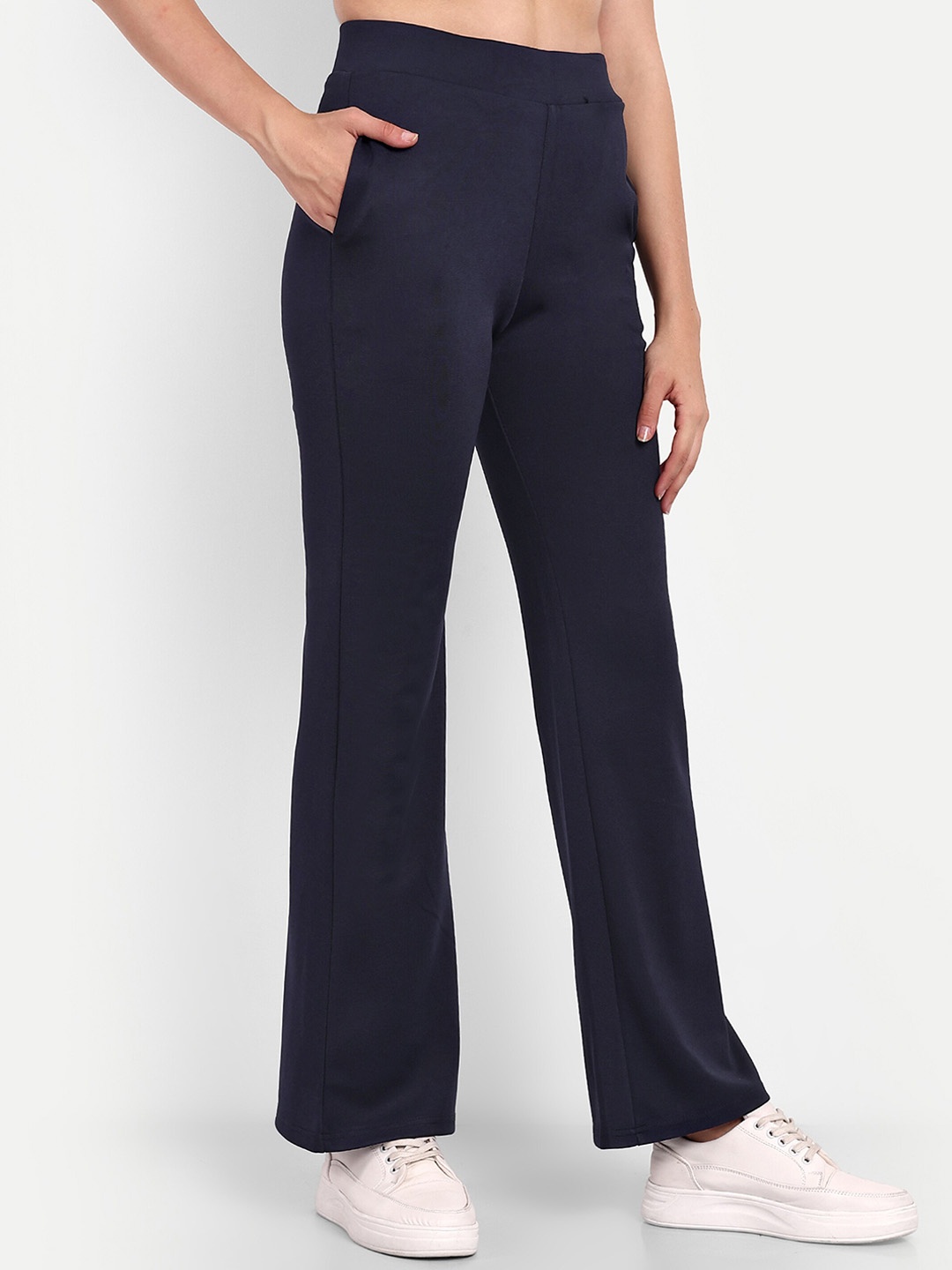 

BROADSTAR Women Smart Flared High-Rise Easy Wash Bootcut Trousers, Navy blue