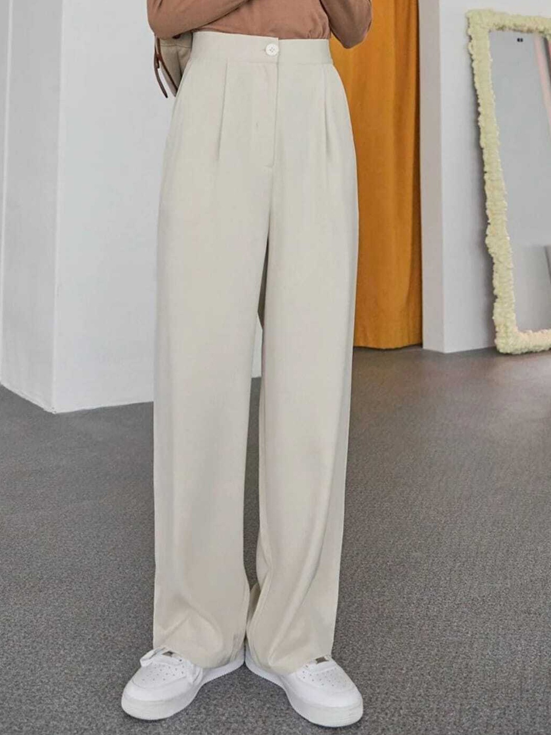 

BROADSTAR Women Smart Loose Fit High-Rise Easy Wash Parallel Trousers, Beige