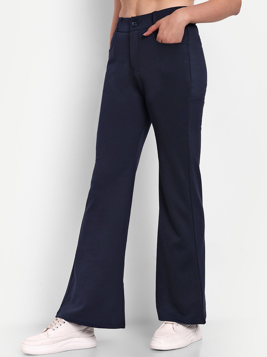 

BROADSTAR Women Smart High-Rise Easy Wash Flared Bootcut Trousers, Navy blue