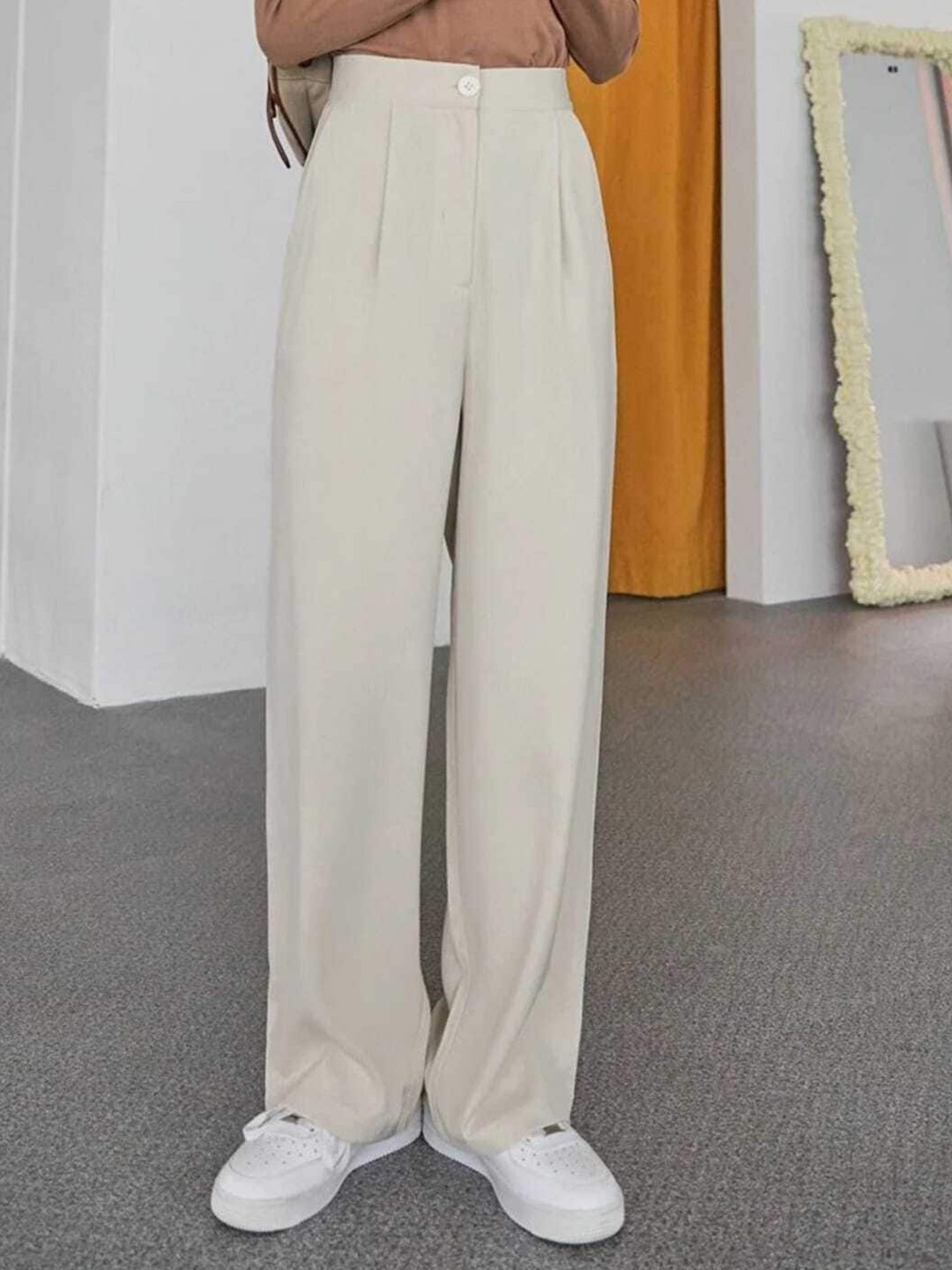 

BROADSTAR Women Smart Loose Fit High-Rise Easy Wash Parallel Trousers, Beige