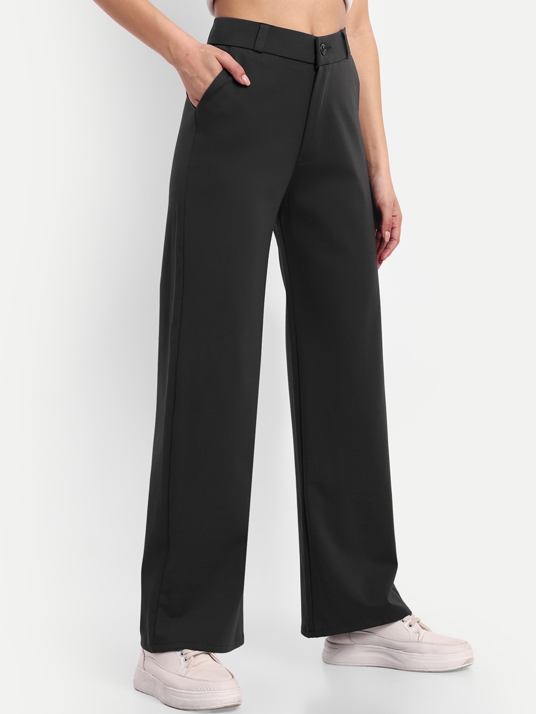 

BROADSTAR Women Smart Loose Fit High-Rise Easy Wash Parallel Trousers, Black