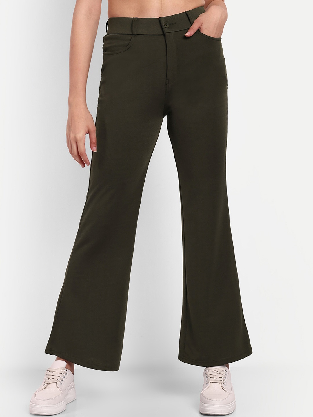 

BROADSTAR Women Smart Flared High-Rise Easy Wash Bootcut Trousers, Olive