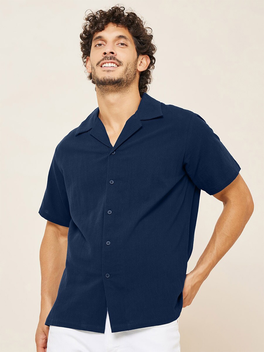 

Styli Men Cuban Collar Relaxed Opaque Casual Shirt, Navy blue