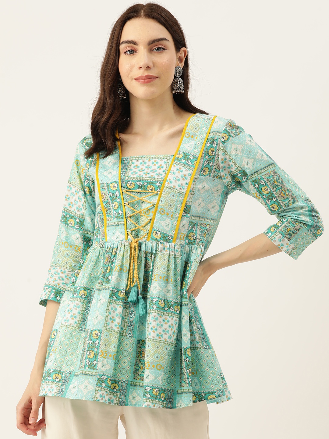 

Jaipur Morni Square Neck Printed Pure Cotton Ethnic Tunic, Sea green