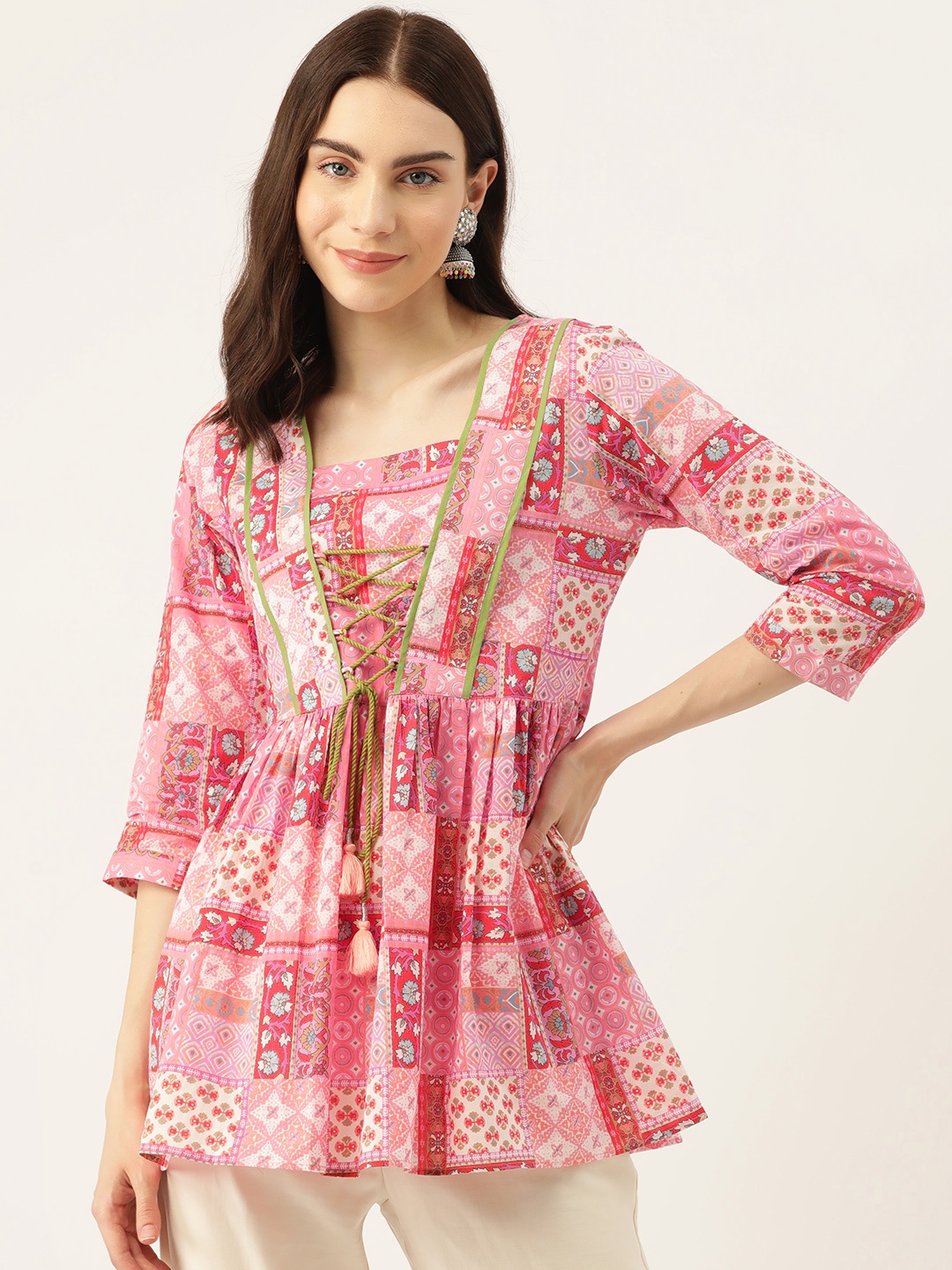 

Jaipur Morni Square Neck Printed Pure Cotton Ethnic Tunic, Pink
