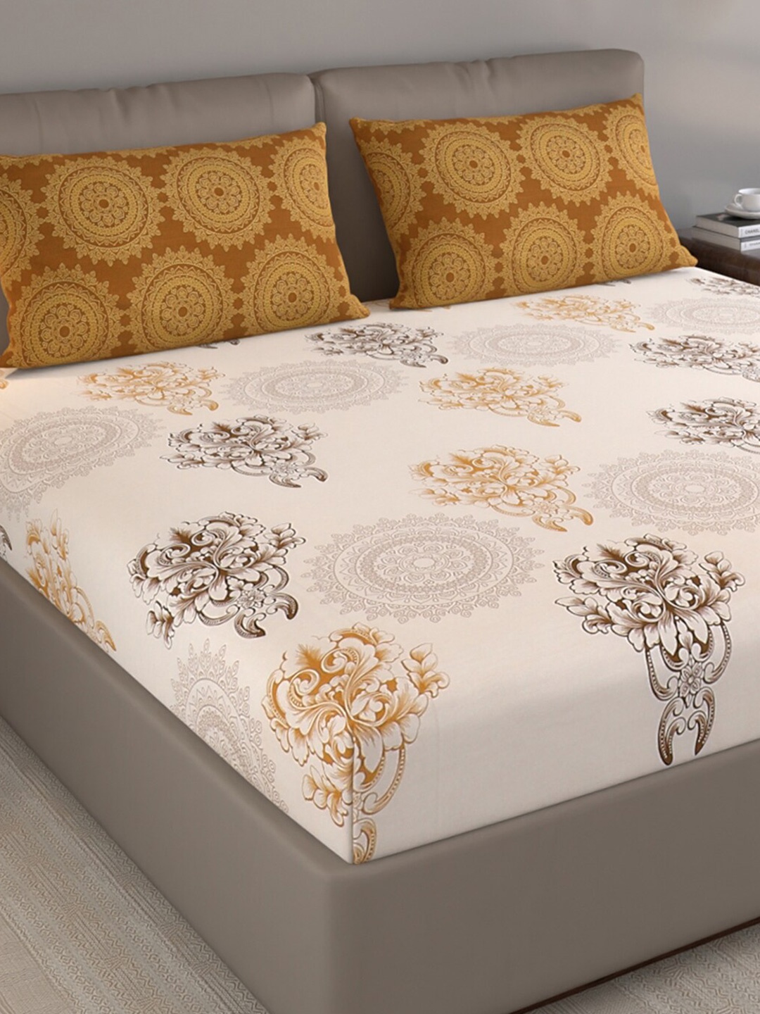 

Monte Carlo Off White & Yellow Floral Pure Cotton 144 TC Double Bedsheet & 1 Pillow Cover