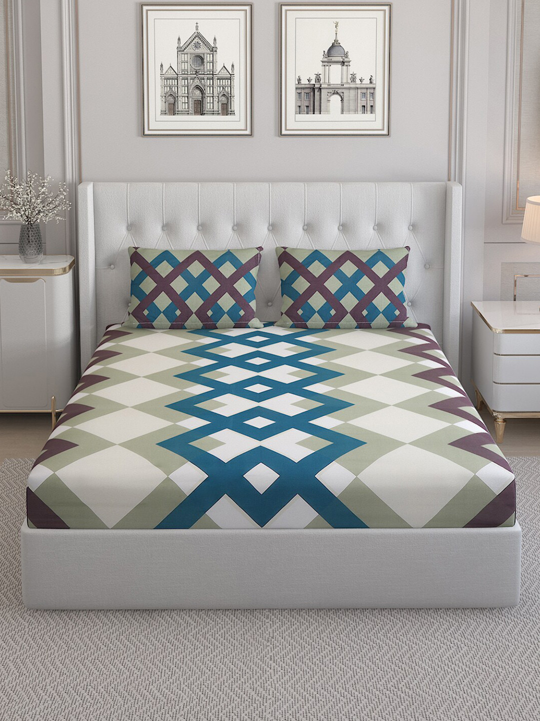 

Monte Carlo Olive Green Geometric Pure Cotton 152 TC King Bedsheet & 2 Pillow Covers