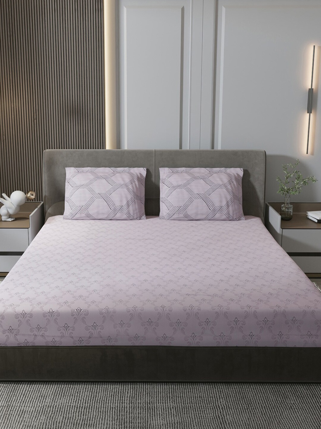 

Monte Carlo Pink & Grey Floral Pure Cotton 210 TC King Bedsheet with 2 Pillow Covers