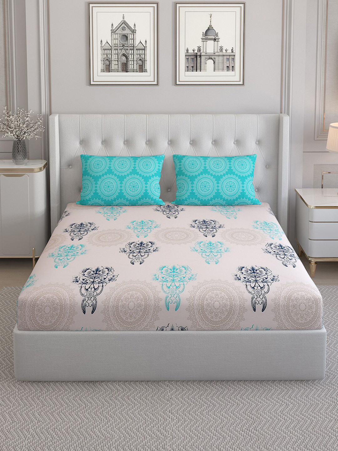 

Monte Carlo Beige & Blue Printed Pure Cotton 144 TC Double Bedsheet & 2 Pillow Covers
