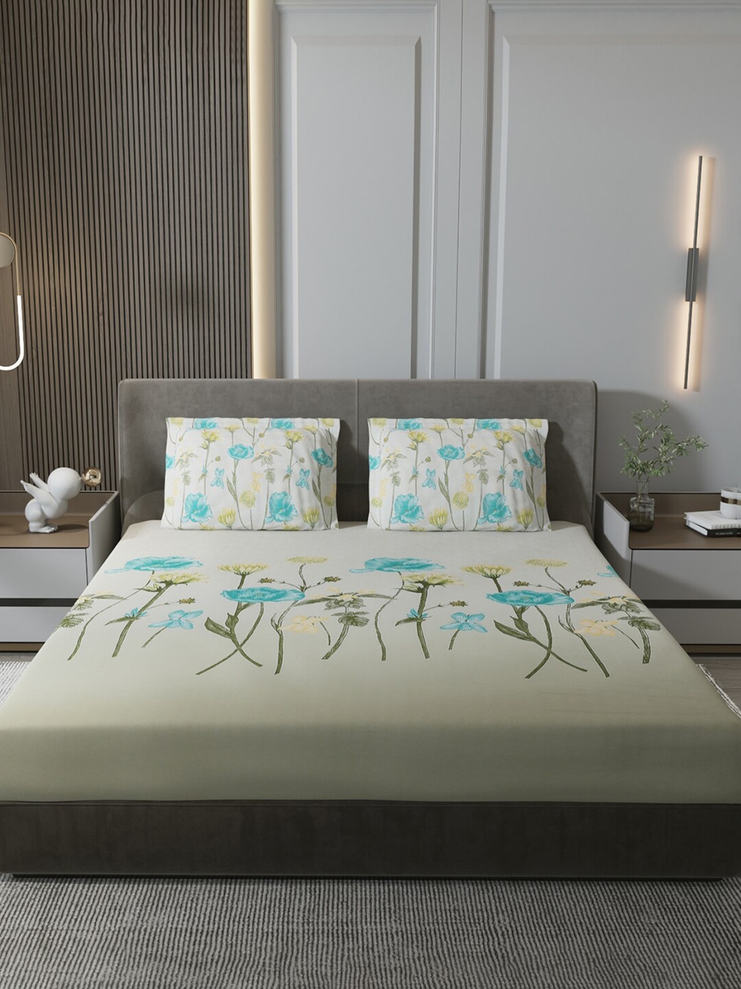 

Monte Carlo Green & Beige Floral Pure Cotton 140 TC King Bedsheet with 2 Pillow Covers