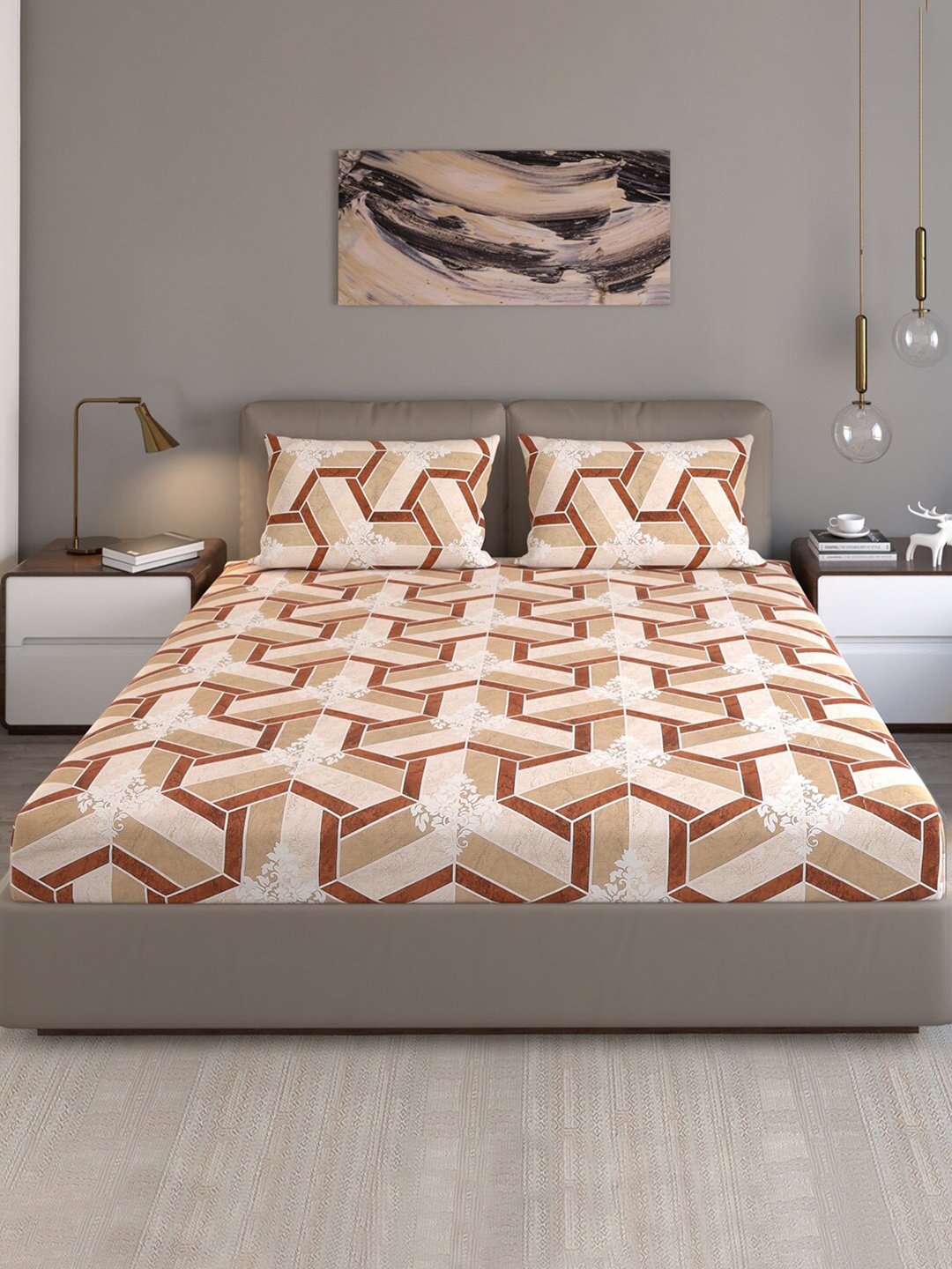 

Monte Carlo Brown & Beige Geometric Cotton 120 TC Queen Bedsheet With 2 Pillow Covers