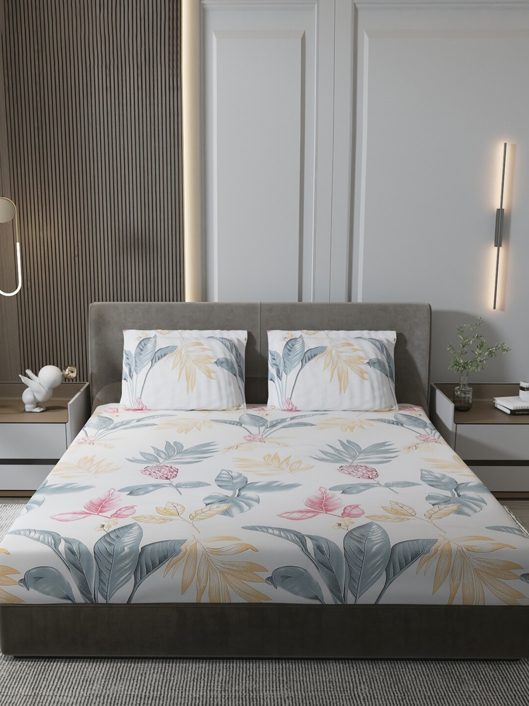 

Monte Carlo White & Grey Floral Polyester 130 TC Queen Bedsheet With 2 Pillow Covers