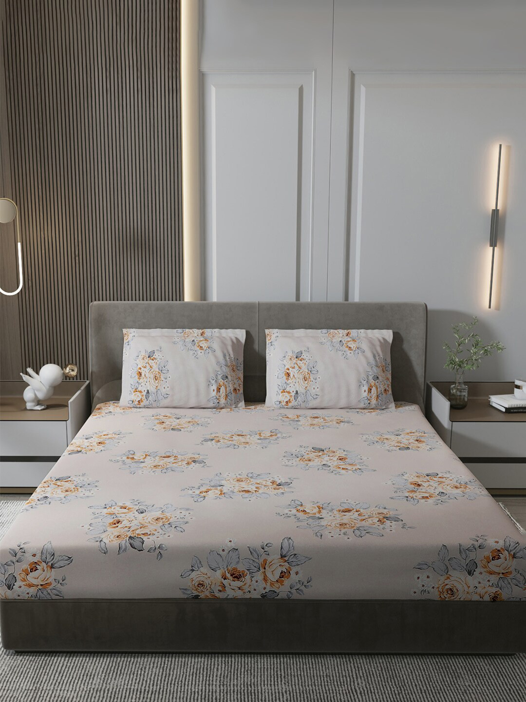 

Monte Carlo Grey & Blue Floral Pure Cotton 120 TC Queen Bedsheet With 2 Pillow Covers