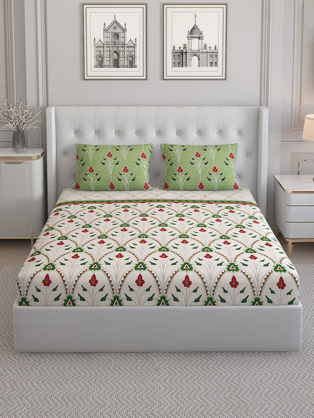 

Monte Carlo Off White & Green Floral Pure Cotton 144 TC Double Bedsheet & 2 Pillow Covers