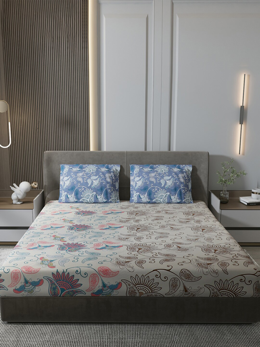 

Monte Carlo Beige & Blue Floral Pure Cotton 144 TC King Bedsheet With 2 Pillow Covers