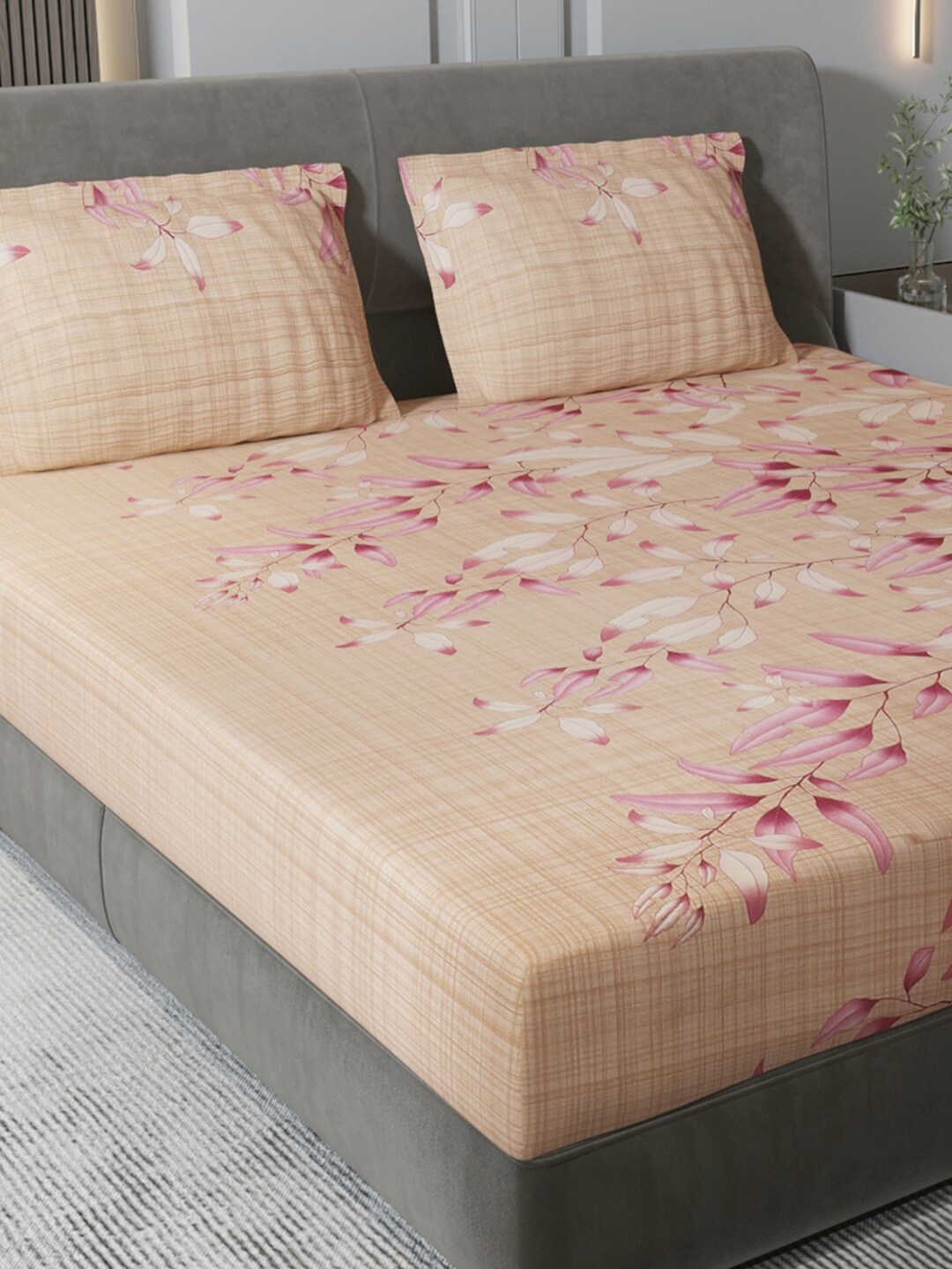 

Monte Carlo Khaki & Pink Floral Pure Cotton140 TC King Bedsheet With 2 Pillow Covers