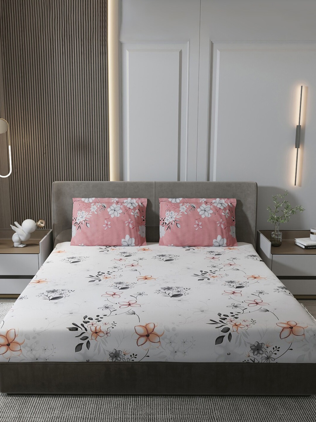 

Monte Carlo White & Pink Floral Pure Cotton 180 TC King Bedsheet With 2 Pillow Covers