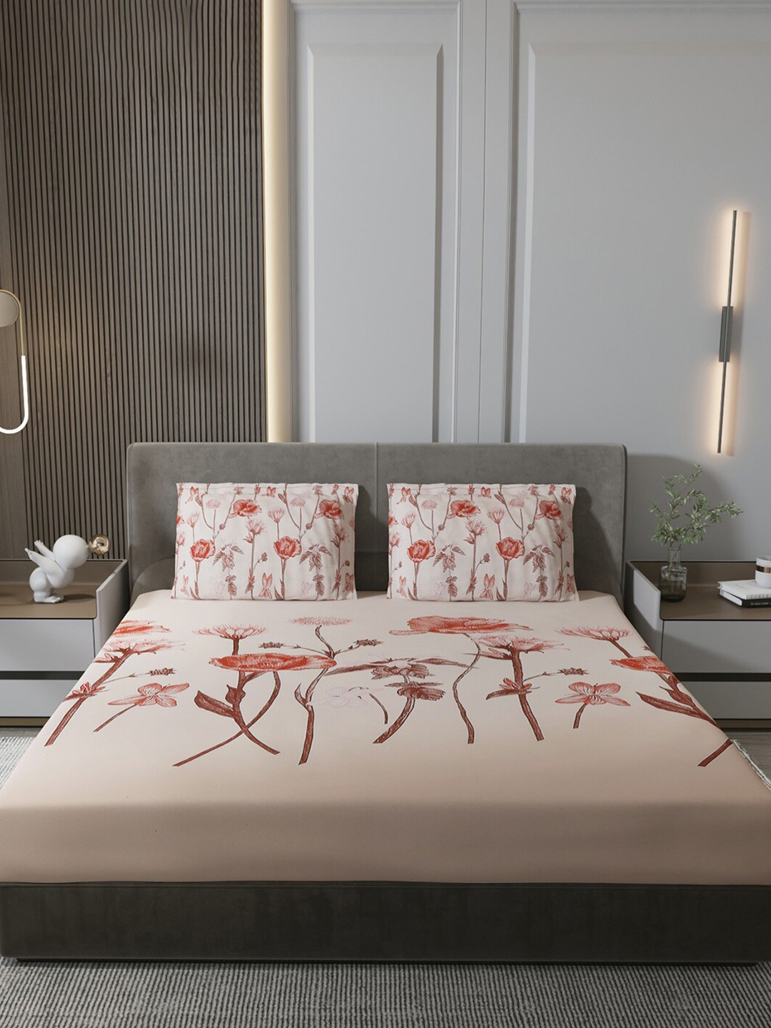 

Monte Carlo Pink & Brown Floral Pure Cotton 140 TC King Bedsheet With 2 Pillow Covers