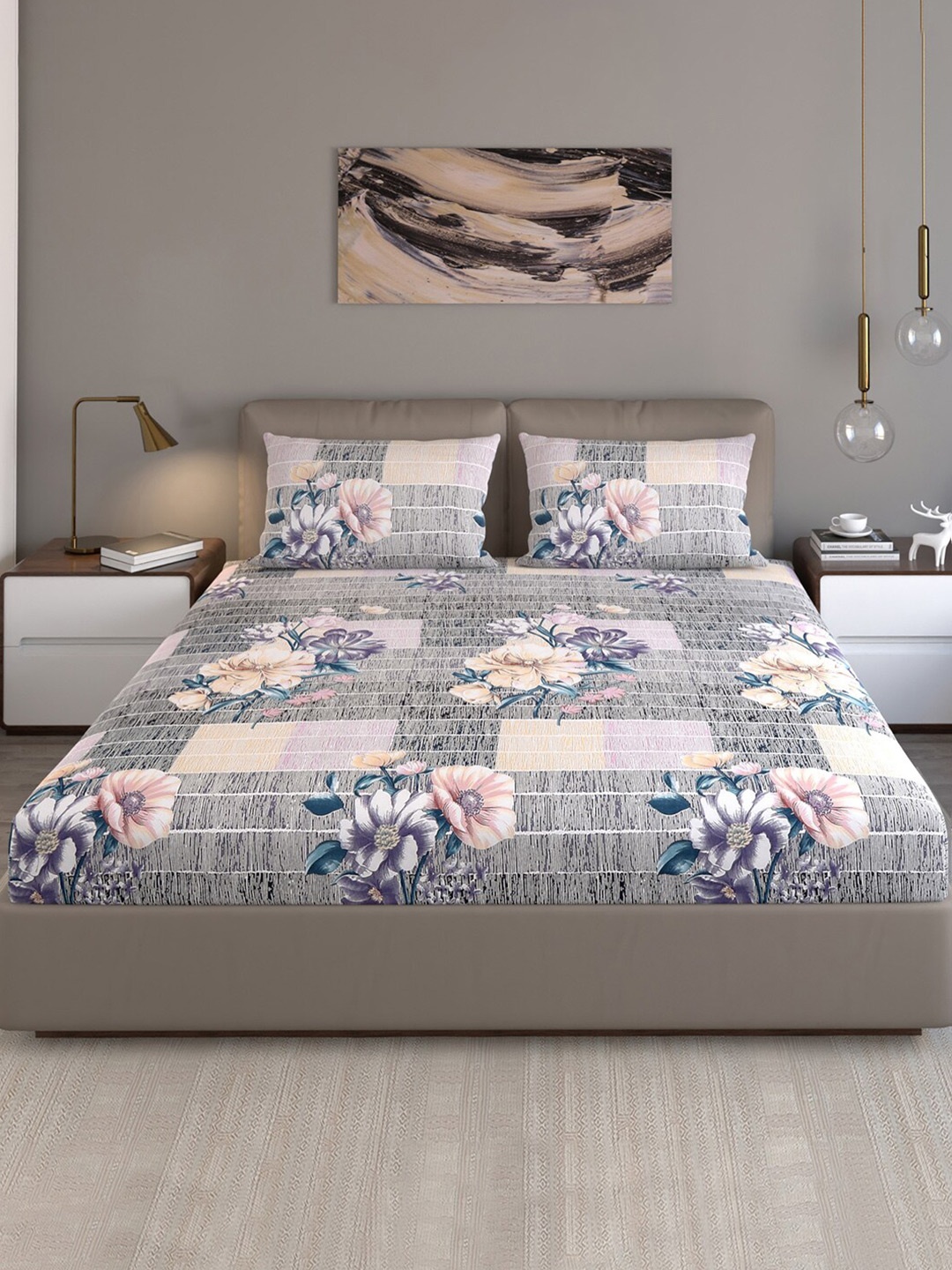 

Monte Carlo Grey & White Floral Polyester 130 TC Queen Bedsheet With 2 Pillow Covers