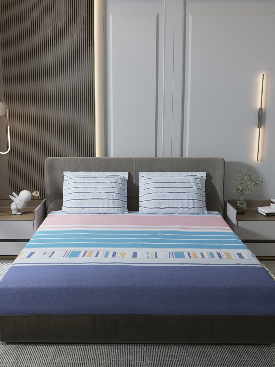 

Monte Carlo Blue & White Striped Pure Cotton 200 TC King Bedsheet With 2 Pillow Covers