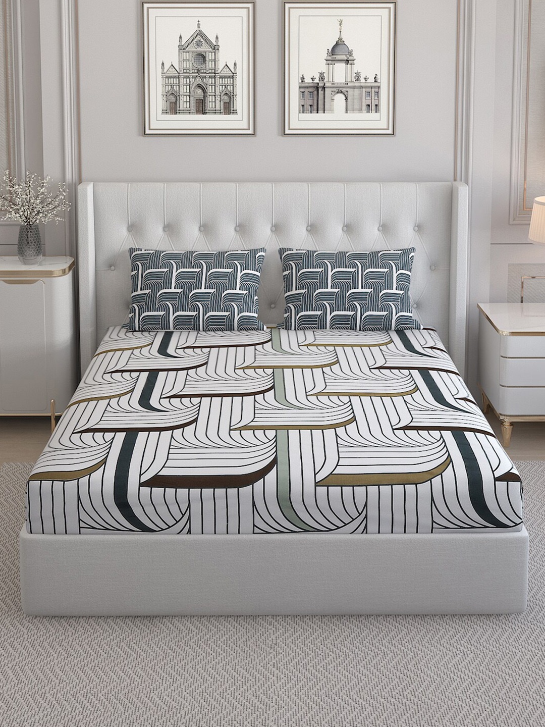 

Monte Carlo White & Grey Geometric Pure Cotton 152 TC King Bedsheet With 2 Pillow Covers