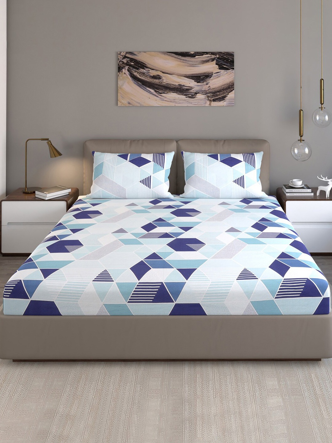 

Monte Carlo Celebrations Blue Geometric Pure Cotton 120TC Queen Bedsheet & 2 Pillow Covers