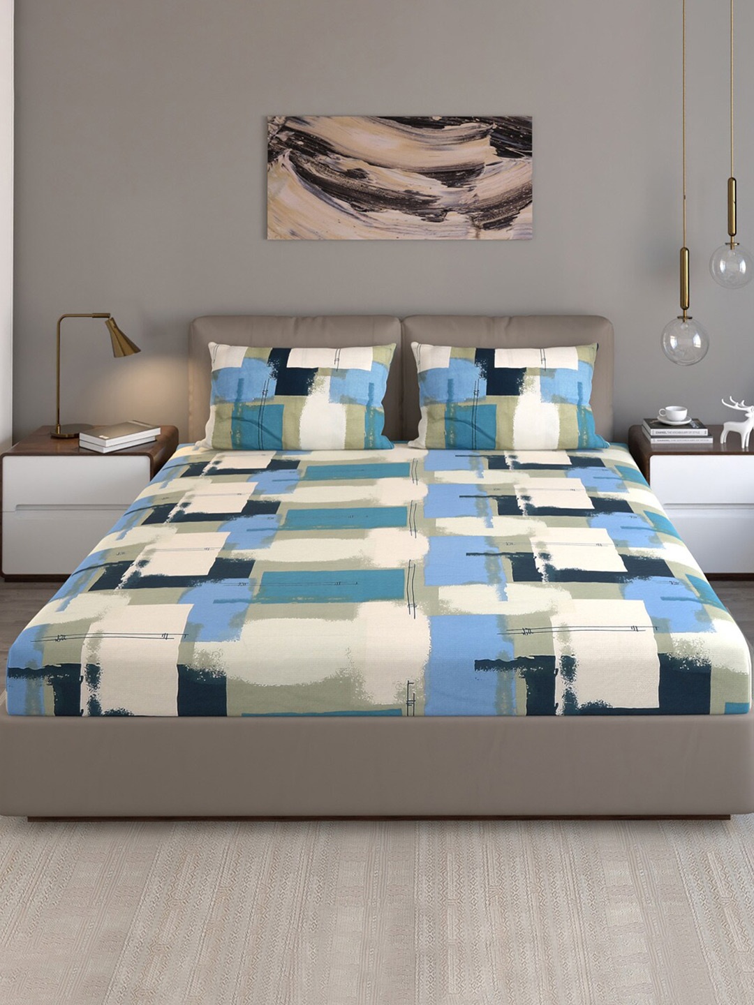 

Monte Carlo Cameron Blue Geometric Pure Cotton 140 TC Queen Bedsheet with 2 Pillow Covers