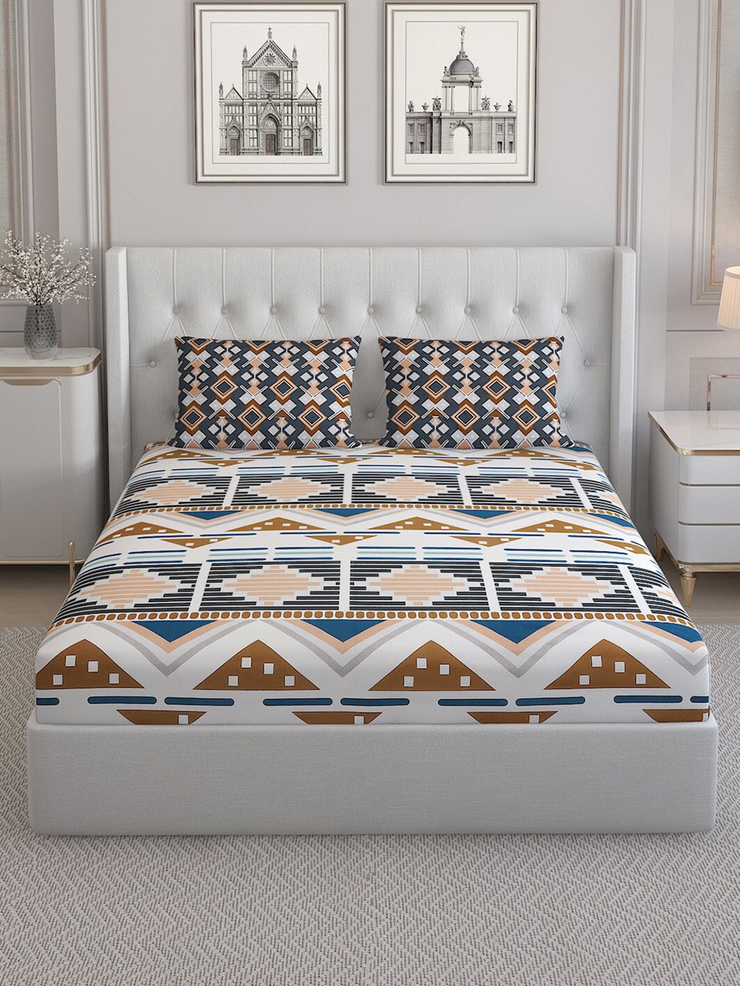 

Monte Carlo Sailsbury Off White Geometric Cotton 152 TC King Bedsheet & 2 Pillow Covers