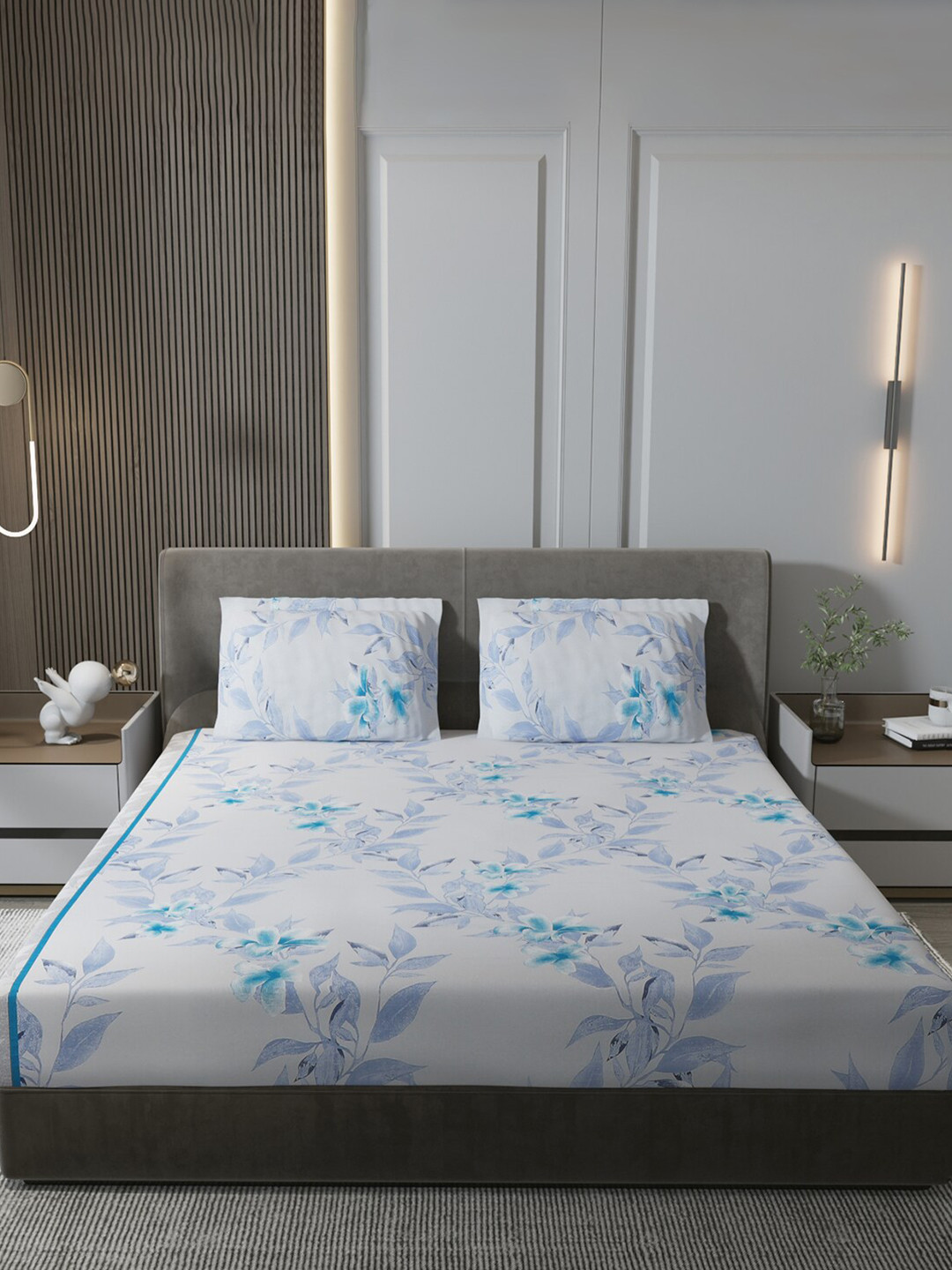 

Monte Carlo Celebrations White & Blue Floral Cotton 120TC Queen Bedsheet & 2 Pillow Covers