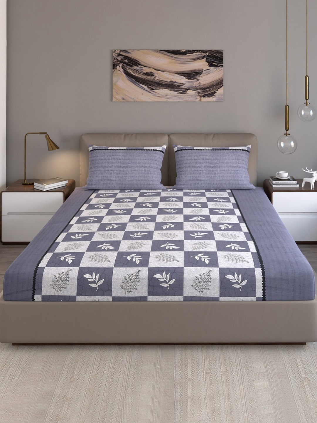 

Monte Carlo Cameron Grey & White Pure Cotton 140 TC Queen Bedsheet with 2 Pillow Covers