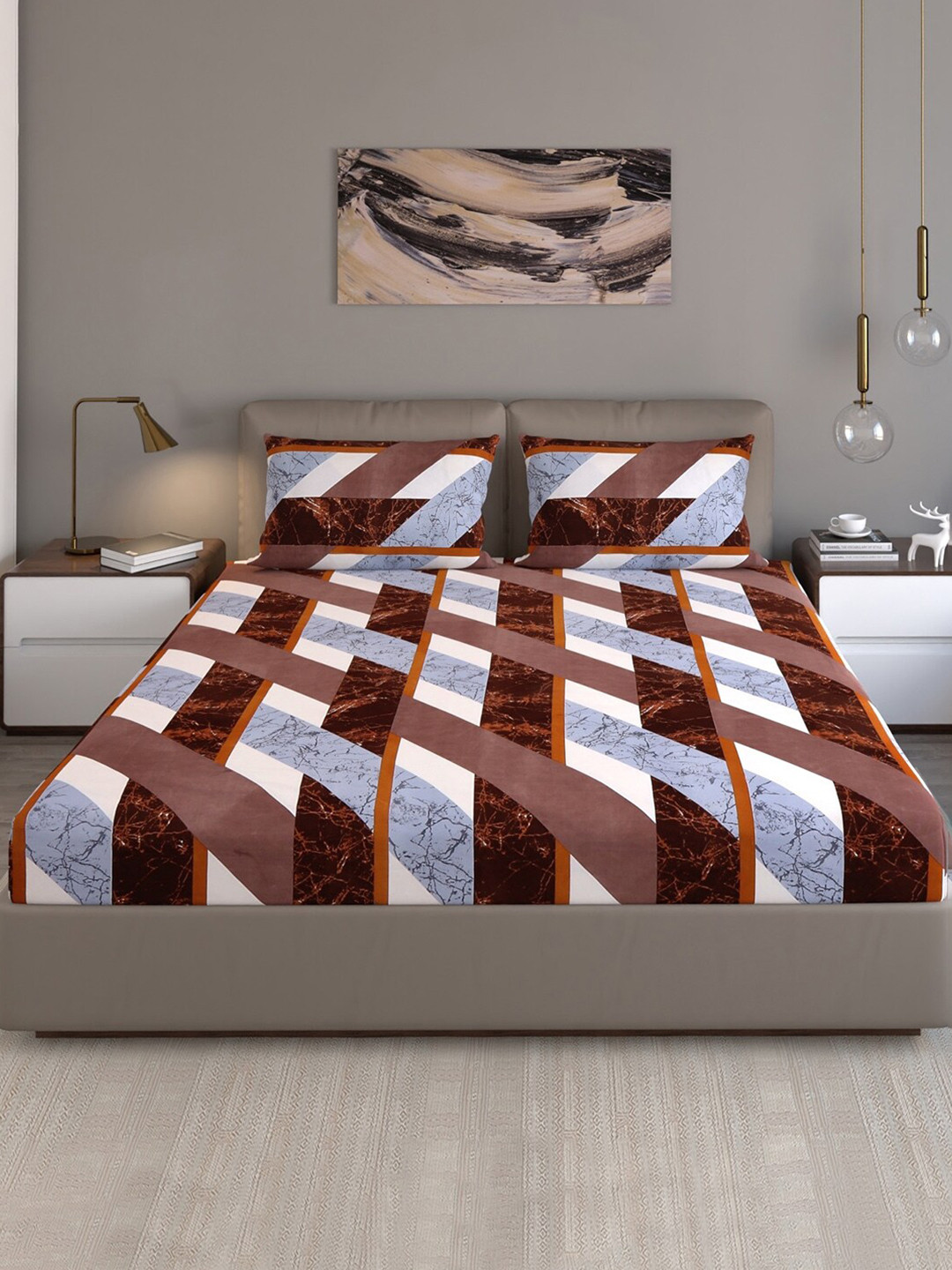 

Monte Carlo Fashnik Brown & Maroon Geometric 130 TC Queen Bedsheet with 2 Pillow Covers