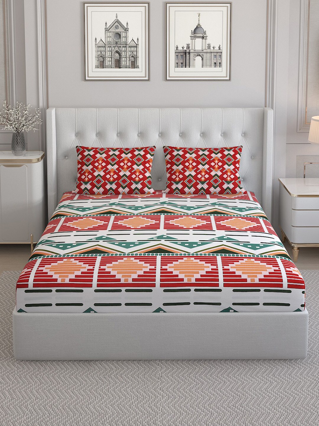 

Monte Carlo Sailsbury Off White Geometric Cotton 152 TC King Bedsheet & 2 Pillow Covers