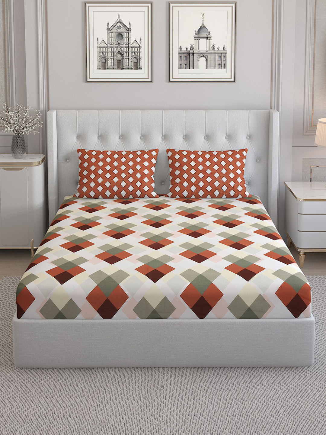 

Monte Carlo Sailsbury Brown & White Geometric Cotton 152TC King Bedsheet & 2 Pillow Covers