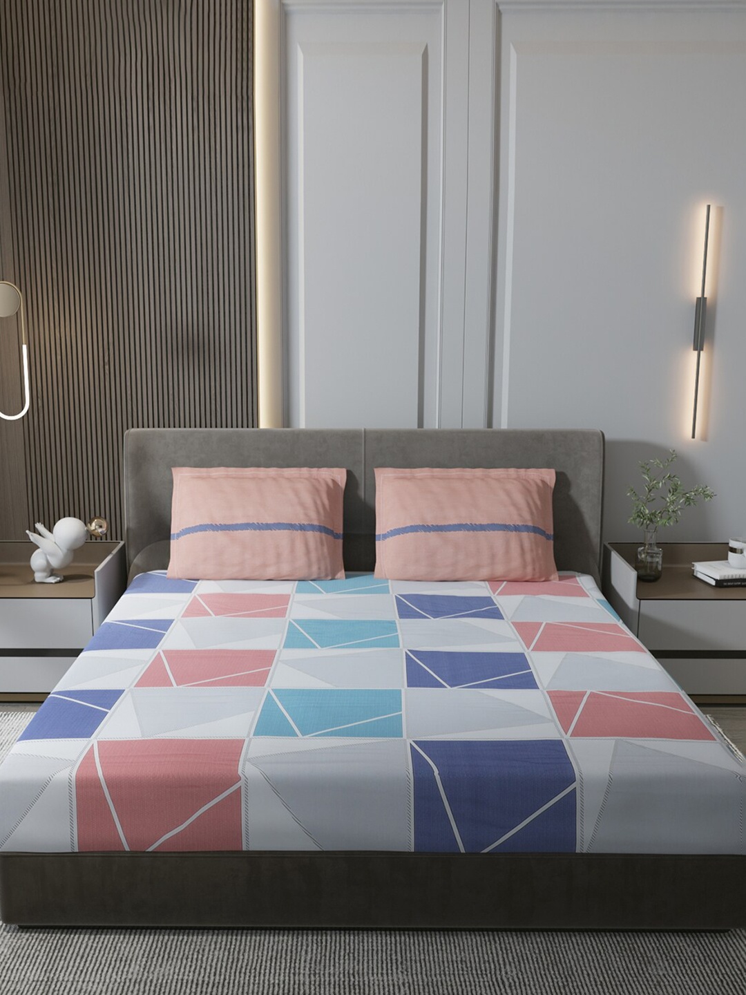 

Monte Carlo Santiago Pink & Blue Geometric Cotton 200TC King Bedsheet with 2 Pillow Covers