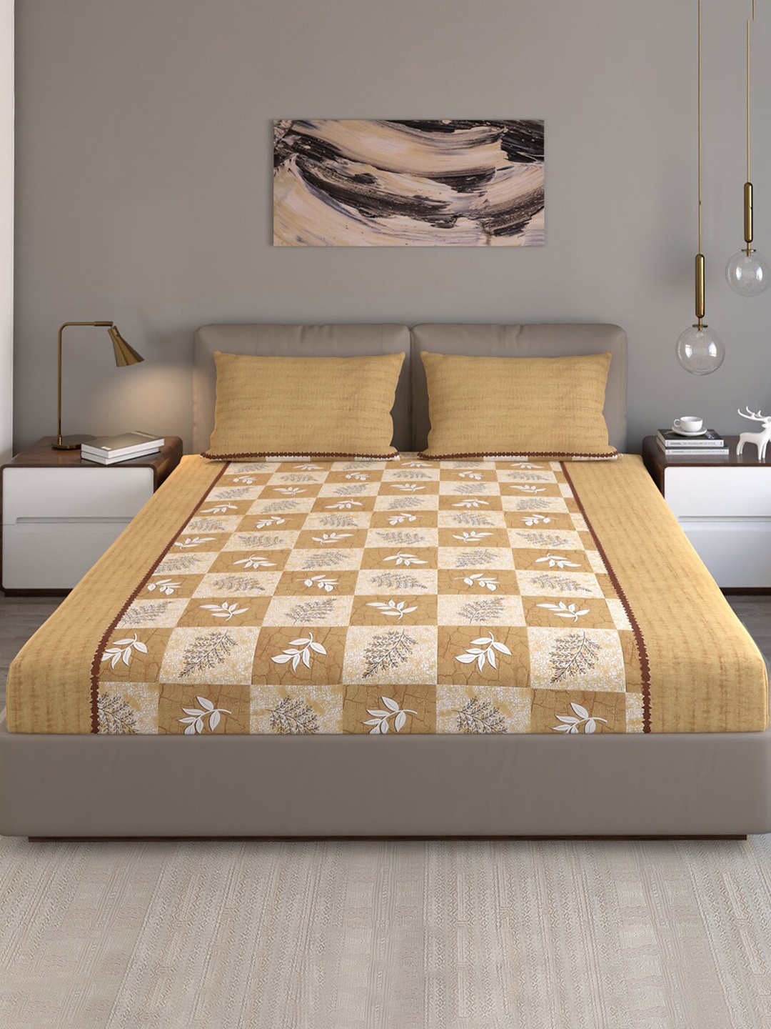 

Monte Carlo Cameron Khaki Ethnic Motifs Pure Cotton 140 TC Queen Bedsheet &2 Pillow Covers