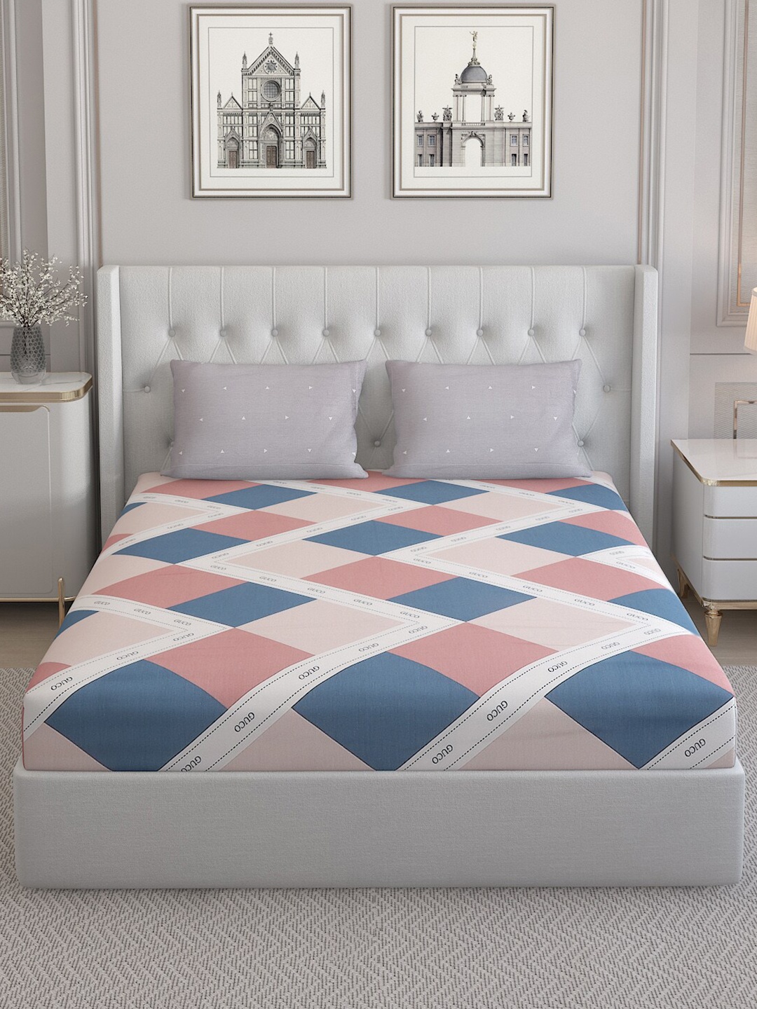 

Monte Carlo Lovenia Pink & Blue Geometric Cotton 200 TC Queen Bedsheet & 2 Pillow Covers