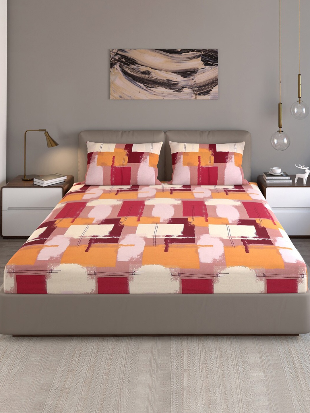 

Monte Carlo Cameron Khaki & Orange Pure Cotton 140 TC Queen Bedsheet with 2 Pillow Covers