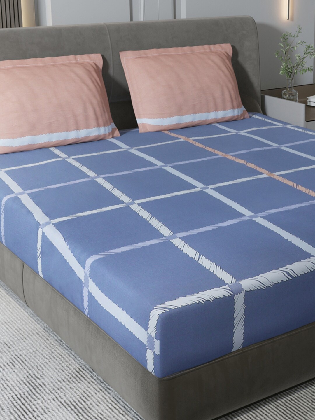 

Monte Carlo Santiago Blue & White Checked Cotton 200 TC King Bedsheet with 2 Pillow Covers