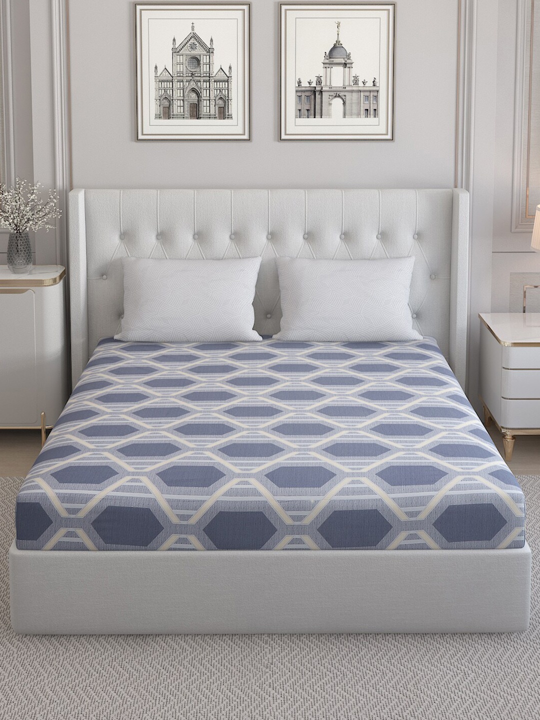 

Monte Carlo Lovenia Blue & Grey Geometric Cotton 200 TC Queen Bedsheet & 2 Pillow Covers