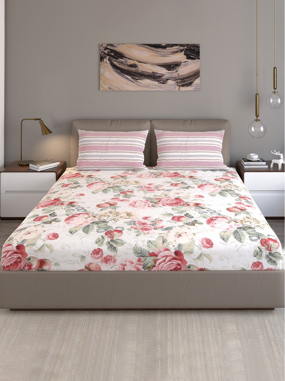 

Monte Carlo Lovenia Off White Printed Cotton 200 TC Queen Bedsheet With 2 Pillow Covers